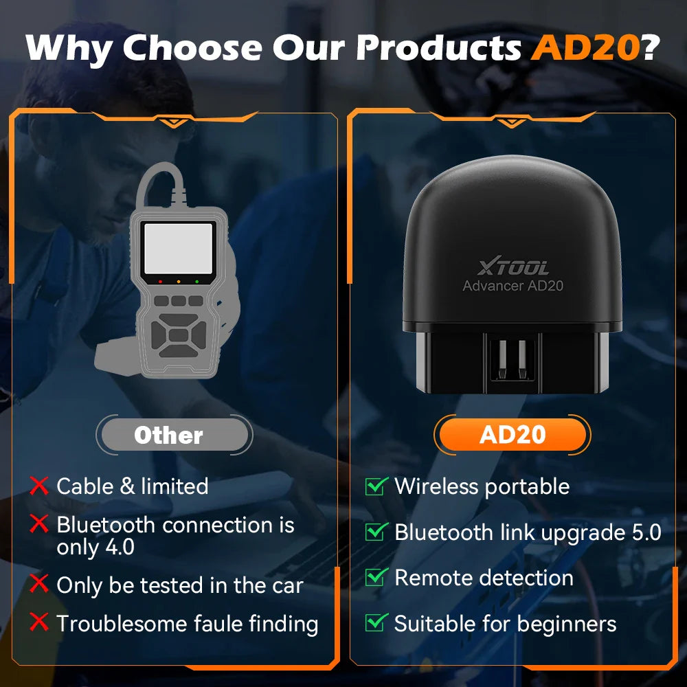 XTOOL Advancer AD20 Mini Bluetooth 5.0 OBD2 Scanner Full obd2 Functions Car Diagnostic Scan Tool Read/Clear fault code Universal
