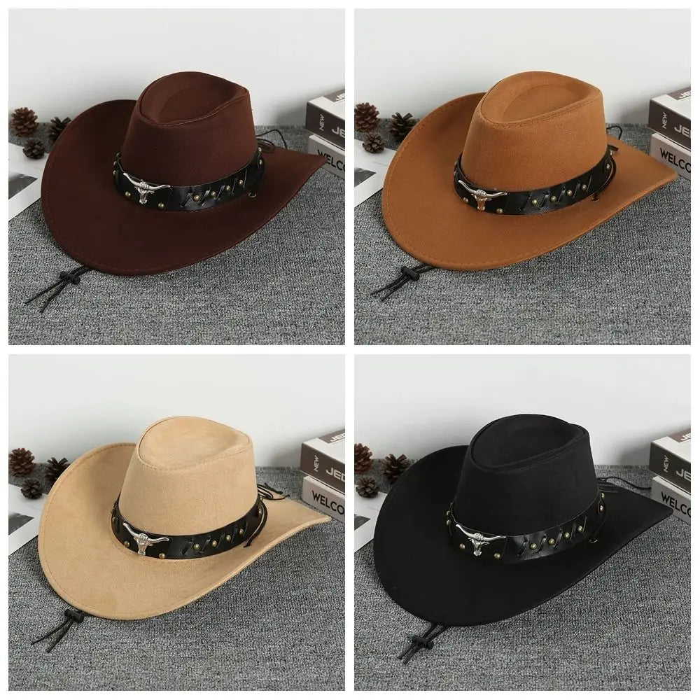 Chapeau de Cowboy occidental de Style ethnique Vintage, tête de vache à bord en rouleau, chapeau de Jazz en Polyester à large bord, chapeau de chevalier Cosplay