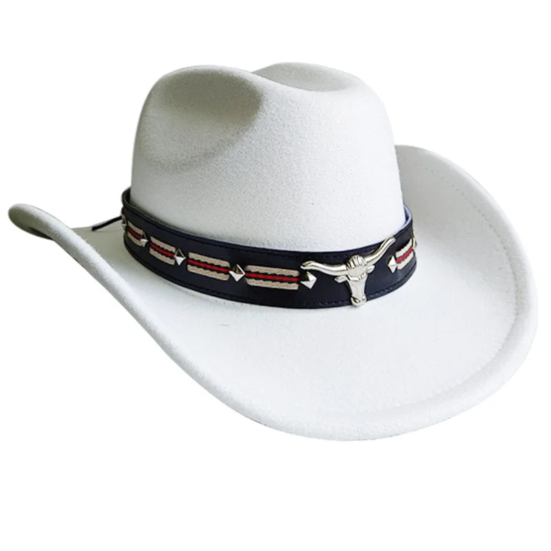 Chapeau de cowboy de style ethnique, tendance, chic, unisexe, couleur unie, avec décoration en forme de taureau, style western
