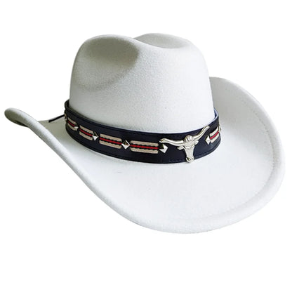 Chapeau de cowboy de style ethnique, tendance, chic, unisexe, couleur unie, avec décoration en forme de taureau, style western