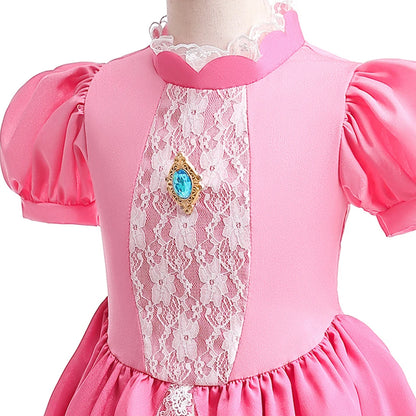 Peach Princess Costume with LED Color Light Toddler Birthday Game Role Play Dress Girl Halloween Festival Gown Pink Lace 2-9 Y C