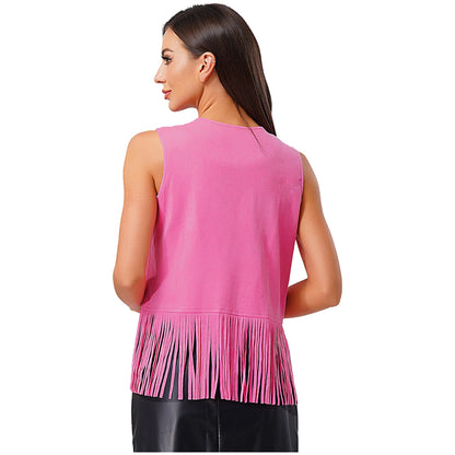 Débardeur vintage à franges style cowgirl hippie style années 70 pour femme, style disco, style années 70, ajouré, pompon, gilet en faux daim