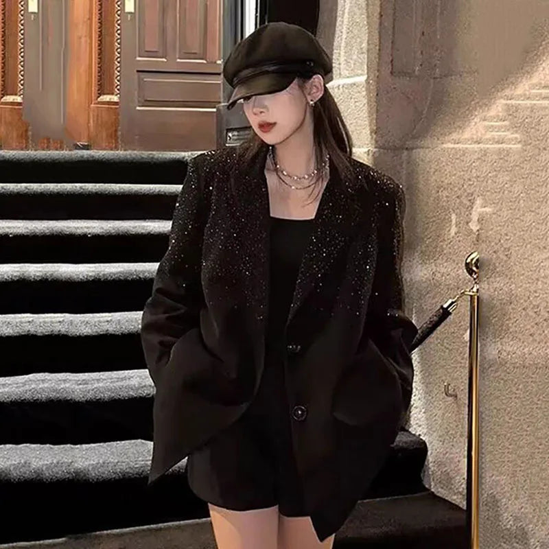 Senior Heavy Industry Suit Jacket Women 2024 Spring Autumn New Korean Version Rhinestone Western Style Blazer Coat Female Tops