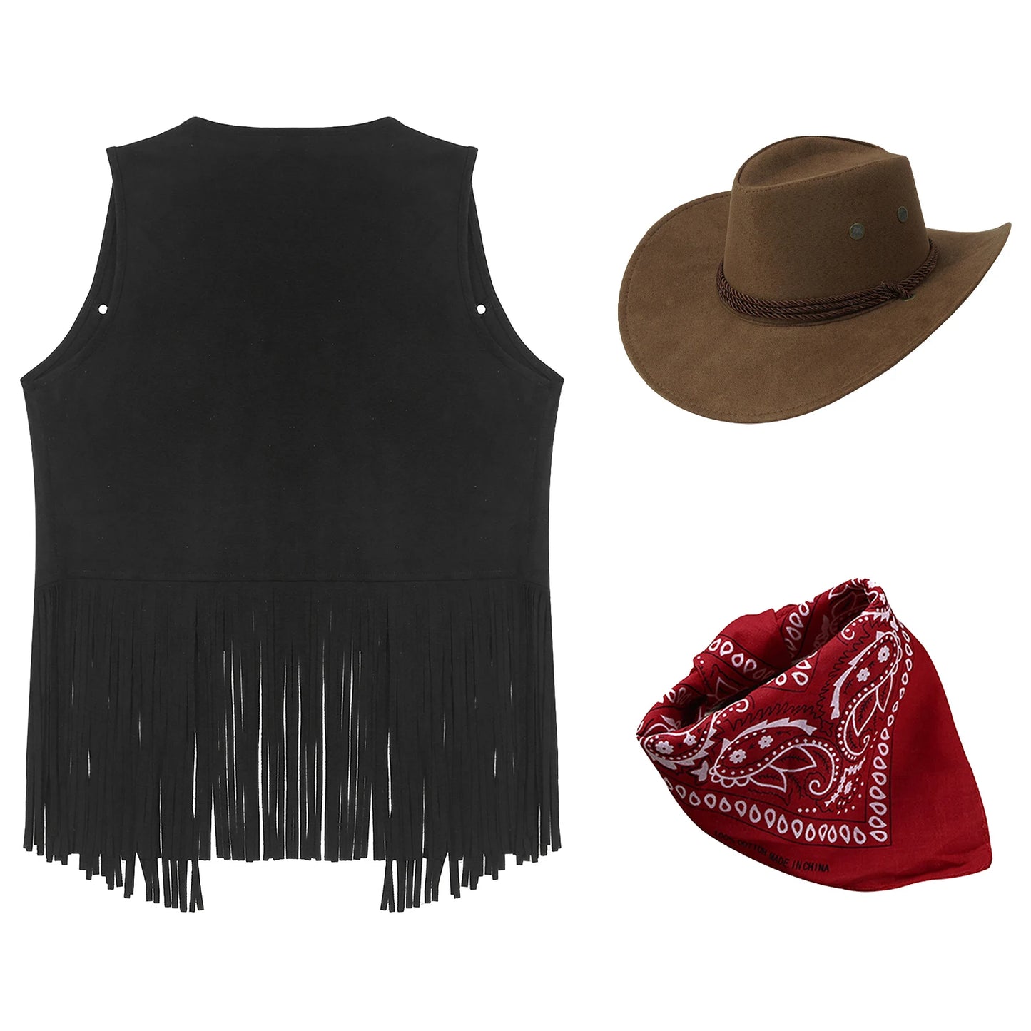 Gilet de cowboy pour femme, costume de cosplay, en faux daim, avec pompons et rivets, pour Halloween, avec bandana