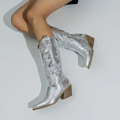 Eilyken Designer Embroidery Knee-High Boots Women Handmade Western Cowboy Booties Street Low Heels Shoes Zapatos De Mujer