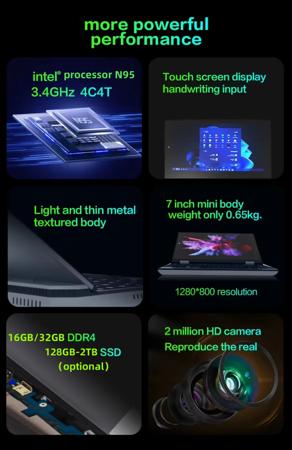 7 Inch Mini Laptop 16G 1TB N95 Notebook IPS Touch Screen Portable Netbook Win 11 Pro Mini PC Micro Computer Bluetooth 4.2