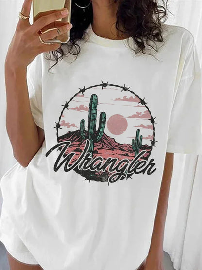 Chemise western en détresse, imprimé dessin animé tendance, nouveau style d'été, voyage et loisirs, col rond, haut basique et polyvalent pour femme, imprimé T-S