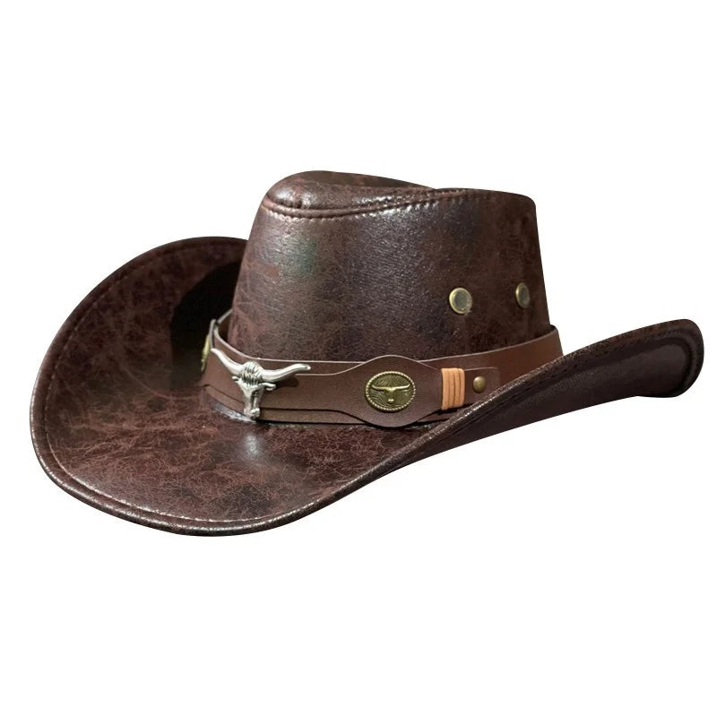 Western Cowboy Hat Ox Head Belt Rivet Fedora Cap For Men Women Outdoor Travel Wide Brim Sun Hat Faux Leather Panama Cowgirl Cap