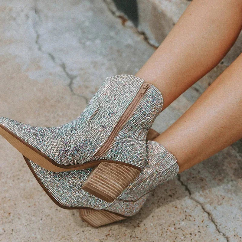 Western Cowboy Boots Fashion Women Ankle Boots Glitter Bling Shiny Trend High Heels High Quality Shoes