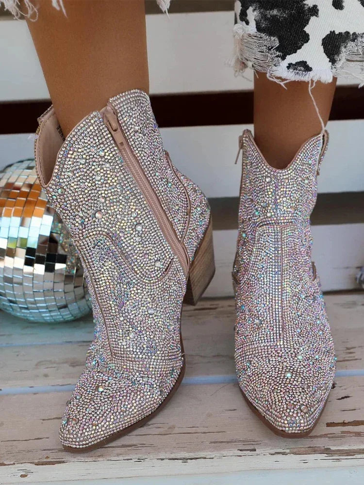 Western Cowboy Boots Fashion Women Ankle Boots Glitter Bling Shiny Trend High Heels High Quality Shoes