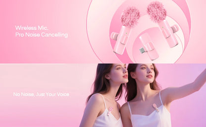 Pink Wireless Lavalier Lapel Microphone for iPhone iPad Vlogging Video Recording Mic for Live Interview Podcast Mic for Girl