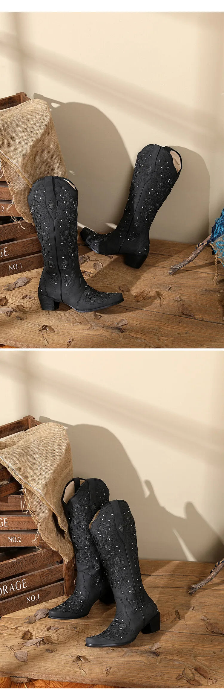 Women Embroidered White Western Cowboy Boots Block Heel Pull-On Pointed Toe Crystal Cowgirl Booties