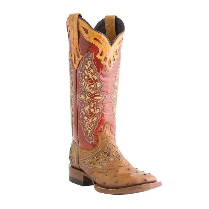 Leather Embroider Western Cowboy Retro Cowgirl Boots Low Heels Knee High Boots Female Footwea