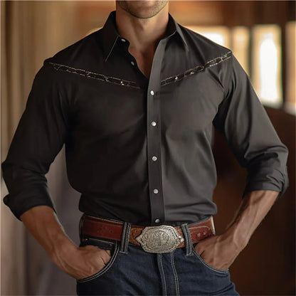 Chemise à manches longues à imprimé floral de cow-boy occidental pour le printemps et l'été, chemise à col pour homme en tissu doux et confortable