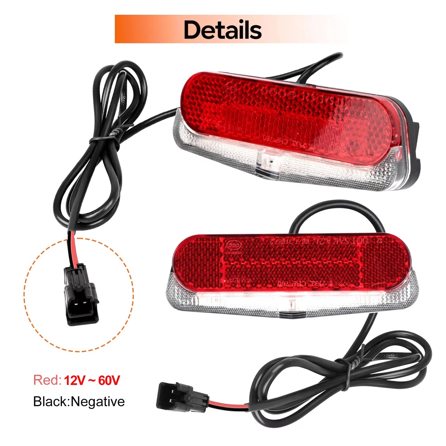 Feu arrière de vélo, feux d'avertissement de sécurité pour vélo électrique, feu arrière LED 12V - 60V avec réflecteur, point culminant de frein, connecteur SM étanche