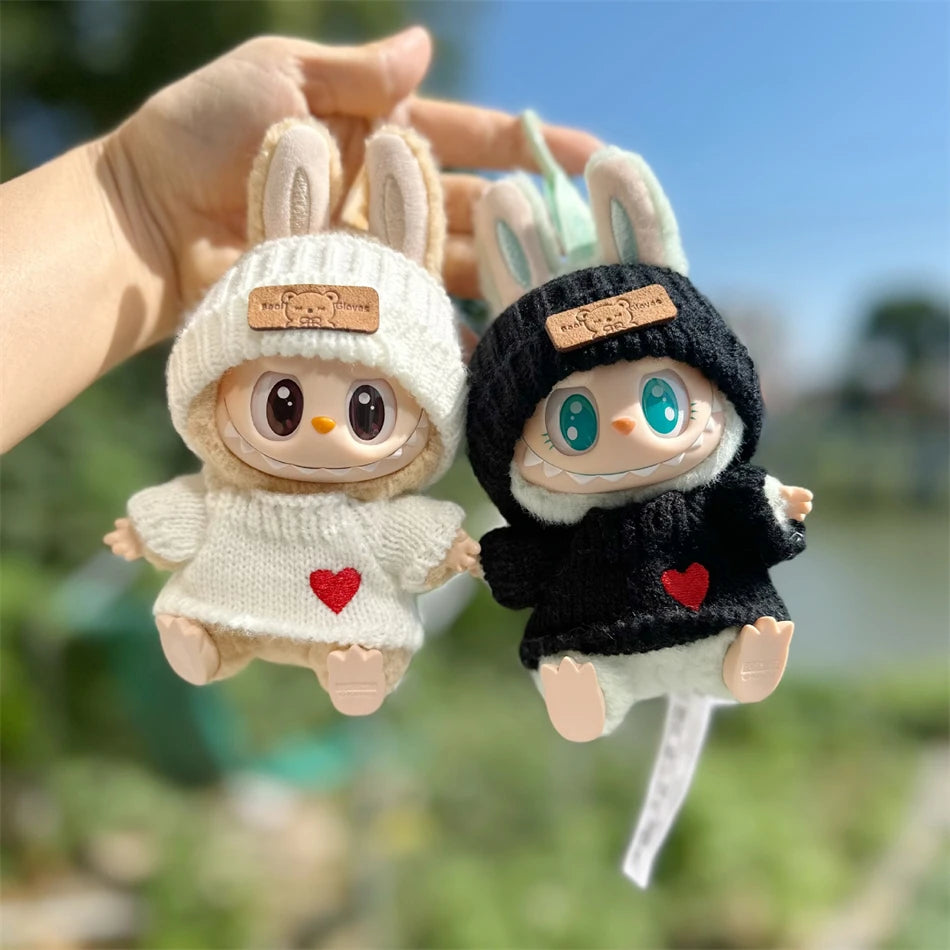 Cute Labubu Bunny Doll Accessories with Knitted Clothes Rabbit Ears Hat Heart Sweater for Toy Collectors Labubu Clothes