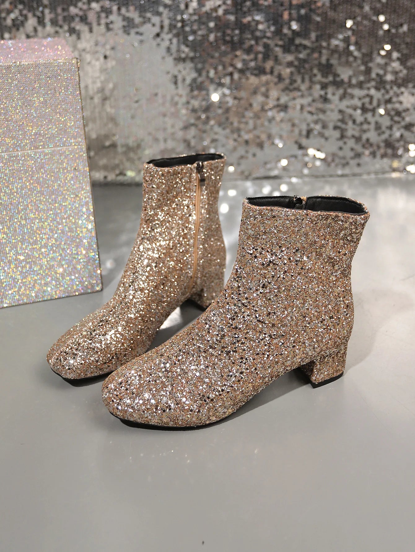 Boots Women Christmas Glitter Zipper Chunky Heel Ankle Boot Sequins Round Toe Chunky Heels Ankle Boots Party Shoes for Women