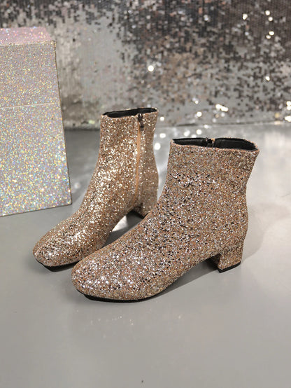 Boots Women Christmas Glitter Zipper Chunky Heel Ankle Boot Sequins Round Toe Chunky Heels Ankle Boots Party Shoes for Women