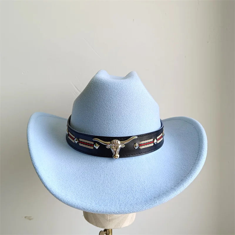 Chapeau de cowboy de style ethnique, tendance, chic, unisexe, couleur unie, avec décoration en forme de taureau, style western