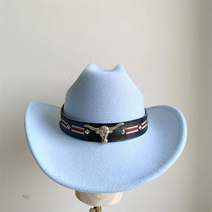 Chapeau de cowboy de style ethnique, tendance, chic, unisexe, couleur unie, avec décoration en forme de taureau, style western