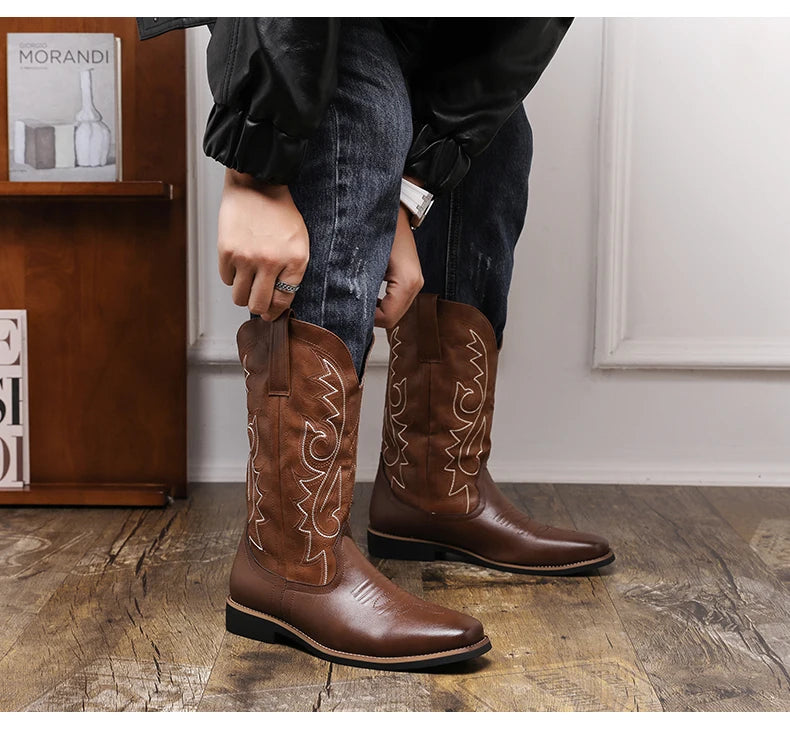 Men Boot 2024 Mid Calf Western Cowboy Motorcycle Boots Male Autumn Outdoor PU Leather Totem Med Heel Fashion Designed Men Boots