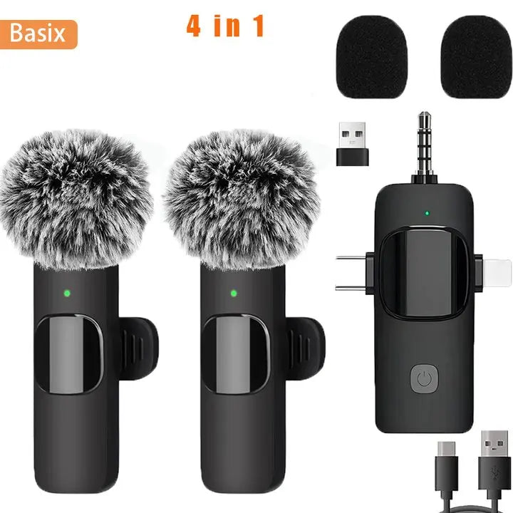 Basix professionnel 4in1 Microphone Lavalier sans fil pour iPhone Android 3.5mm pour l'enregistrement en direct suppression du bruit Mini microphon