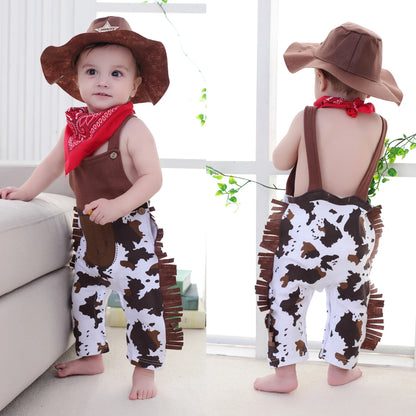 Baby Boys Cowboy Costume Halloween Western Cospaly Clothing Rodeo Birthday Party Clothes Plaid Romper Sets with Scarf and Hat