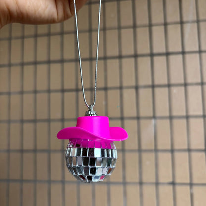 Pink Cowgirl CowBoy Hat Car Charm Rear View Mirror Hanging Disco Ball Bling Keychain Western Accessories Bag Decor Car Makeover
