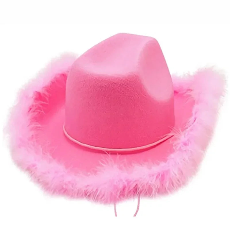 Chapeau de cow-girl rose pour femme, chapeau de cowboy à bord en fourrure rose, pour bar, danse, fête, déguisement, pour filles heureuses, chapeau de cowboy rose pour fête d'anniversaire