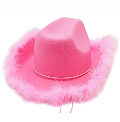 Chapeau de cow-girl rose pour femme, chapeau de cowboy à bord en fourrure rose, pour bar, danse, fête, déguisement, pour filles heureuses, chapeau de cowboy rose pour fête d'anniversaire