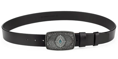 Ceinture classique en cuir véritable avec boucle en émail saphir et motif floral sculpté en argent pour femmes et hommes, cadeau
