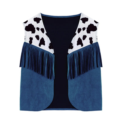 Kids Child Halloween Western Cowboy Cowgirl Cosplay Costume Cow Print Tassels Vest and Flared Pants Set Carnival Party Dress Up