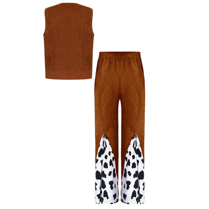 Kids Child Halloween Western Cowboy Cowgirl Cosplay Costume Cow Print Tassels Vest and Flared Pants Set Carnival Party Dress Up
