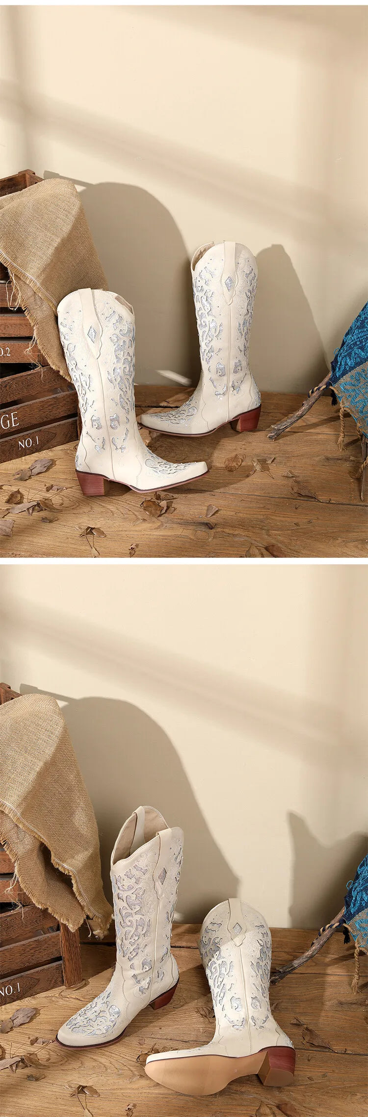 Women Embroidered White Western Cowboy Boots Block Heel Pull-On Pointed Toe Crystal Cowgirl Booties