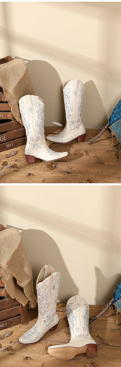 Women Embroidered White Western Cowboy Boots Block Heel Pull-On Pointed Toe Crystal Cowgirl Booties
