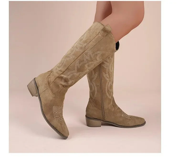 Winter New Coarse Heel Look Thin Tall Long Boots Not Over Knee Embroidered Retro Western Cowboy Boots 2025 New