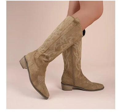 Winter New Coarse Heel Look Thin Tall Long Boots Not Over Knee Embroidered Retro Western Cowboy Boots 2025 New