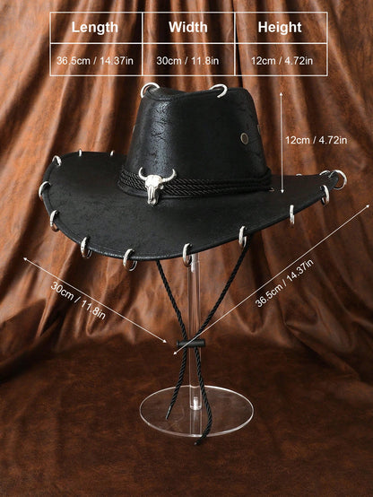 HongLuan – chapeau de Cowboy noir réglable en cuir PU pour hommes et femmes, mode occidentale de voyage, Cowgirl avec Badge Bullhead, chapeaux d'extérieur pour femmes