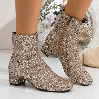 Fashion Gold Sequin Ankle Boots Women 2025 Large Size Zipper Chunky Heel Boots Woman Streertear Shiny Short Booties Mujer 36-43