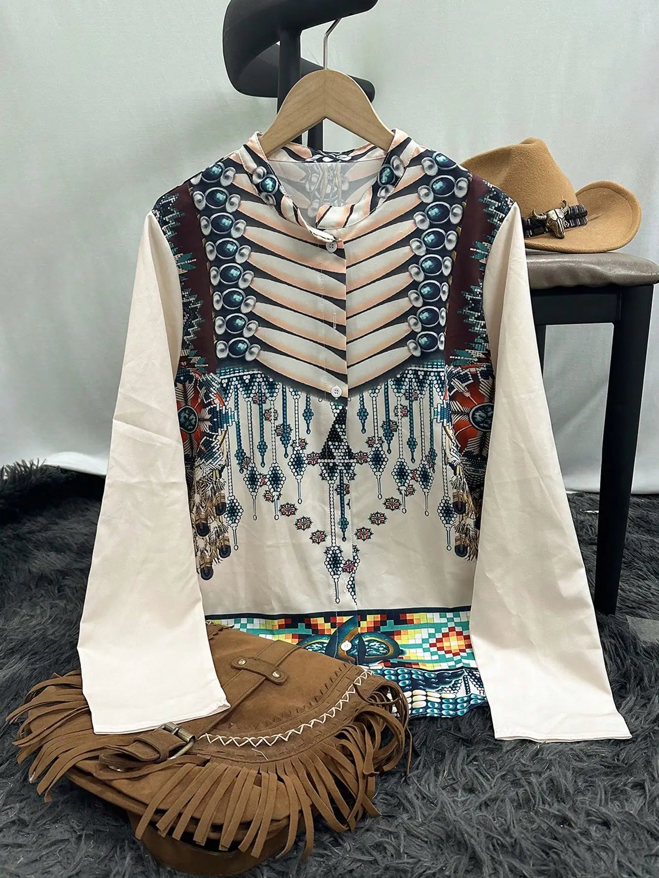 Chemise à manches longues pour femme, style ethnique occidental, imprimé, mode, sexy, décontractée, slim