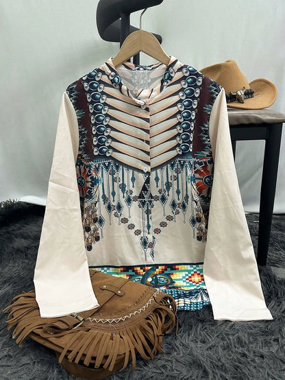 Chemise à manches longues pour femme, style ethnique occidental, imprimé, mode, sexy, décontractée, slim