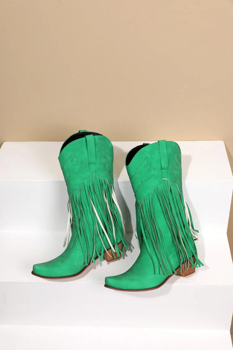 Nouvelles bottes de cowboy rétro ethniques pour femmes avec pompon à talon moyen, chaussures d'hiver pour femmes