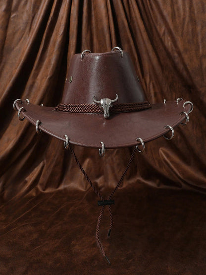 HongLuan – chapeau de Cowboy noir réglable en cuir PU pour hommes et femmes, mode occidentale de voyage, Cowgirl avec Badge Bullhead, chapeaux d'extérieur pour femmes