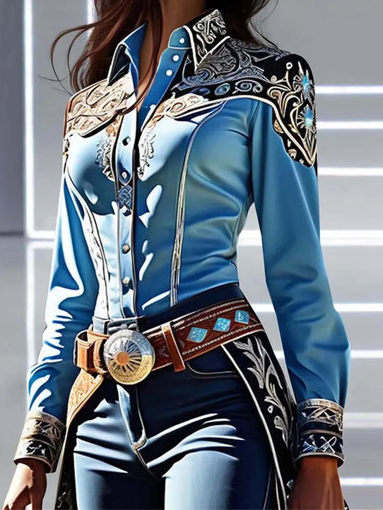 Elegant Chic Women Tops Western Print Shirt Collar Buttons Long Sleeve Blouse Patchwork Slim Waist Office Lady Shirts Blouses