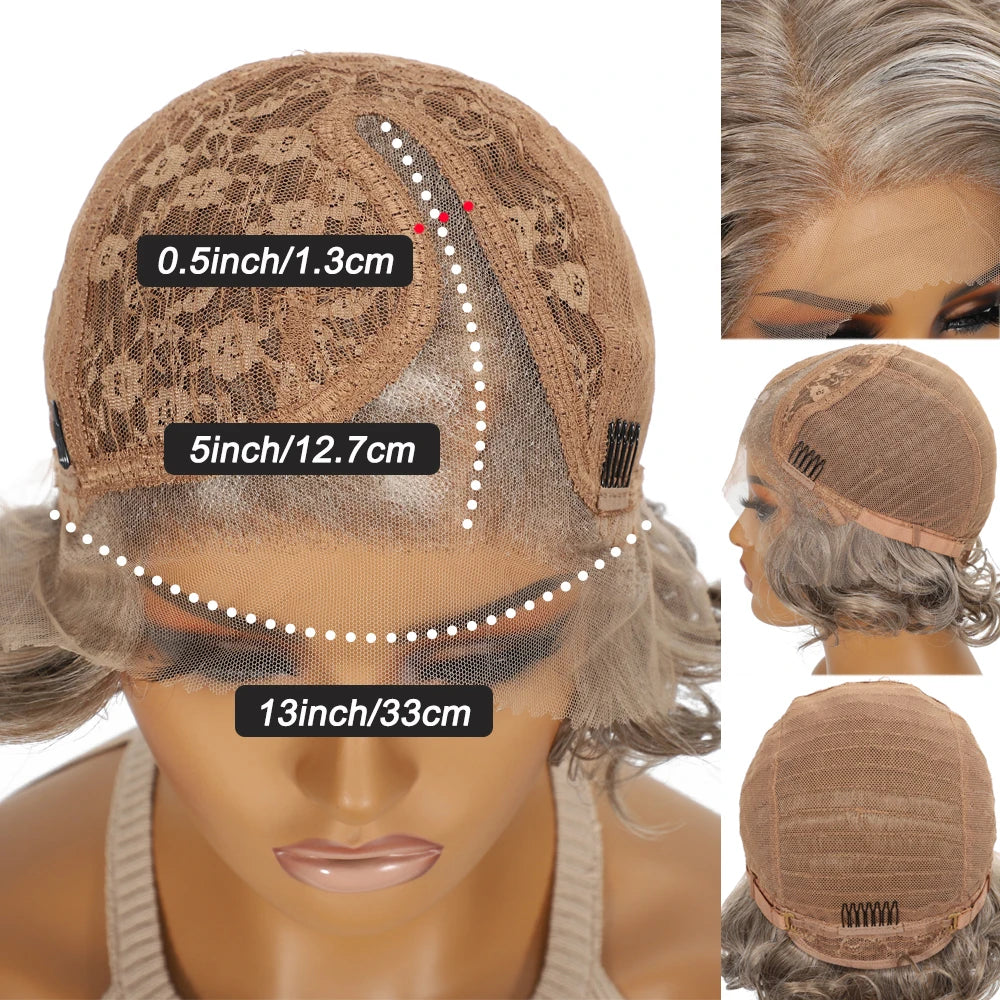 10 Inch Short Curly Wavy Blonde Black Grey Synthetic Wig for Women Natural Look T-Part Lace Front Hair Replacement