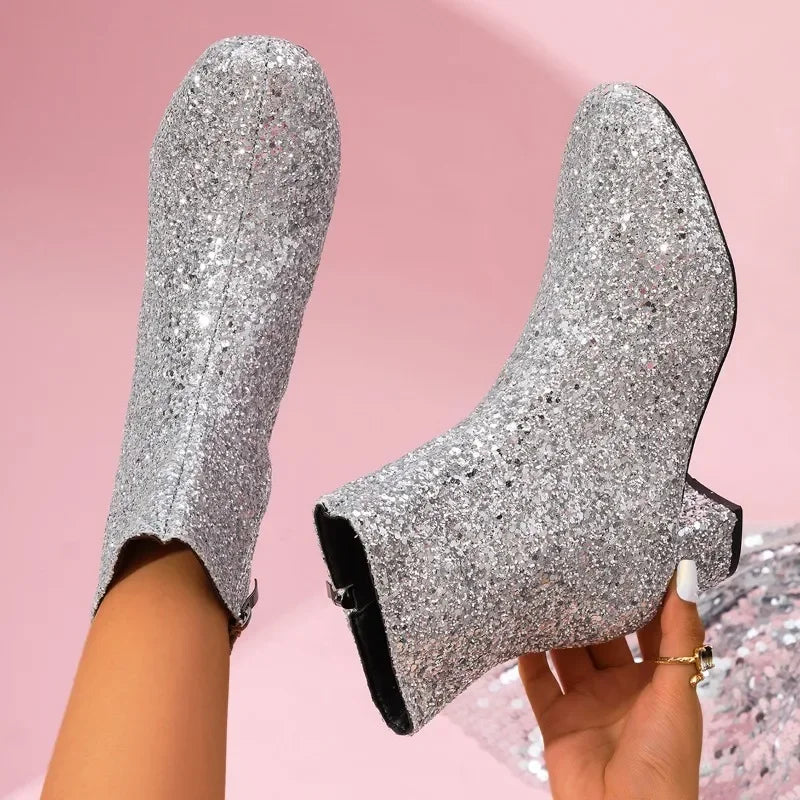 Glitter Fashion Sequins Boots Women Zipper Chunky Heel Women's Boots Round Toe Chunky Heels Ankle Boots Party Shoes for Women