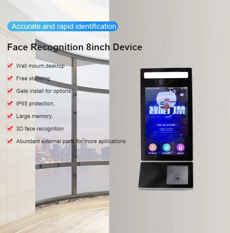 Meilleure vente qualité montage mural 8 pouces reconnaissance faciale dispositif de contrôle d'accès biométrique contrôle d'accès NFC contrôle d'accès QR
