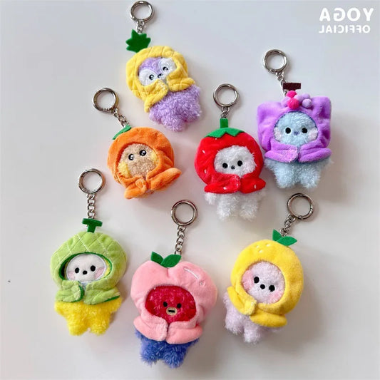 Anime BT21 Plush Pendant Cartoon Tata Koya Doll Keychain Cute Fruit Hood Series Key Chain Wholesale Girl Bag Pendant Gift