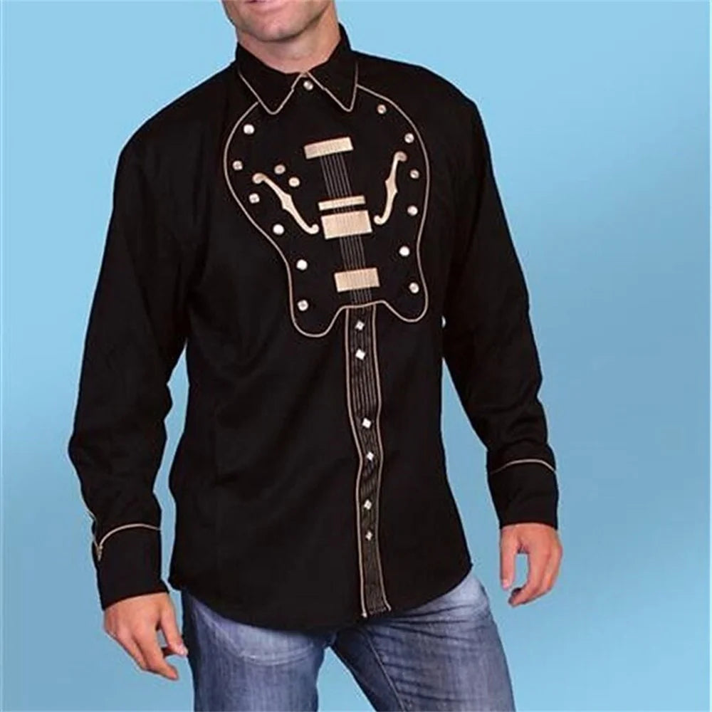 Chemise de style occidental pour hommes, motif d'instrument de musique, imprimé bouton à manches longues de rue, vêtements de sport de rue à la mode