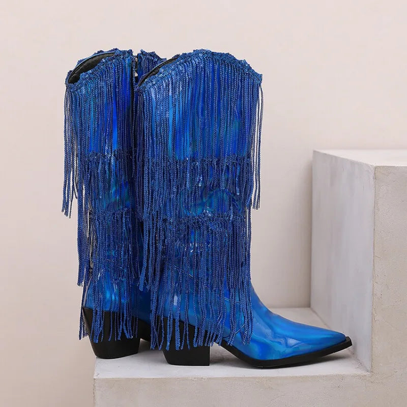 Bottes western à sequins et pompons, noires et argentées, courtes, en peluche, automne/hiver, talon de 6,5 cm, style bohème, hauteur genou, pointures 36 a 46.